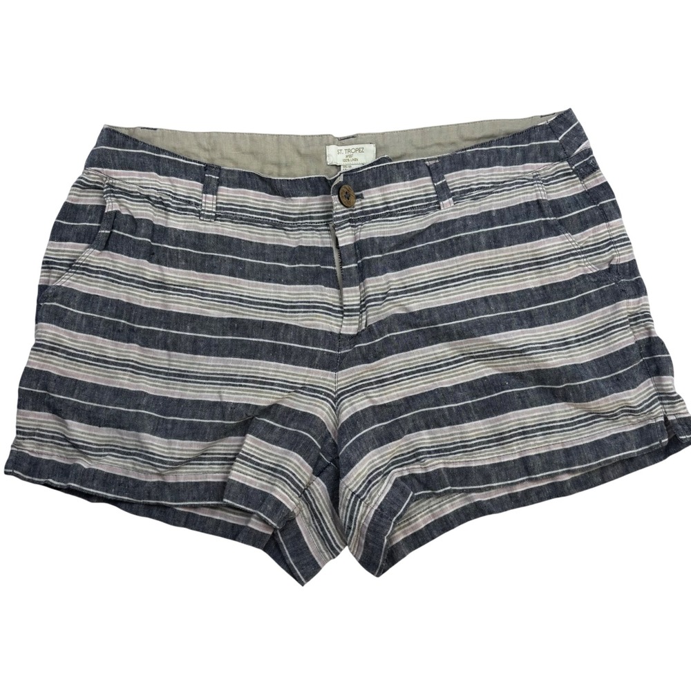 St. Tropez West 100% Linen Striped Shorts‎ Navy Tan Pink Womens Size 10